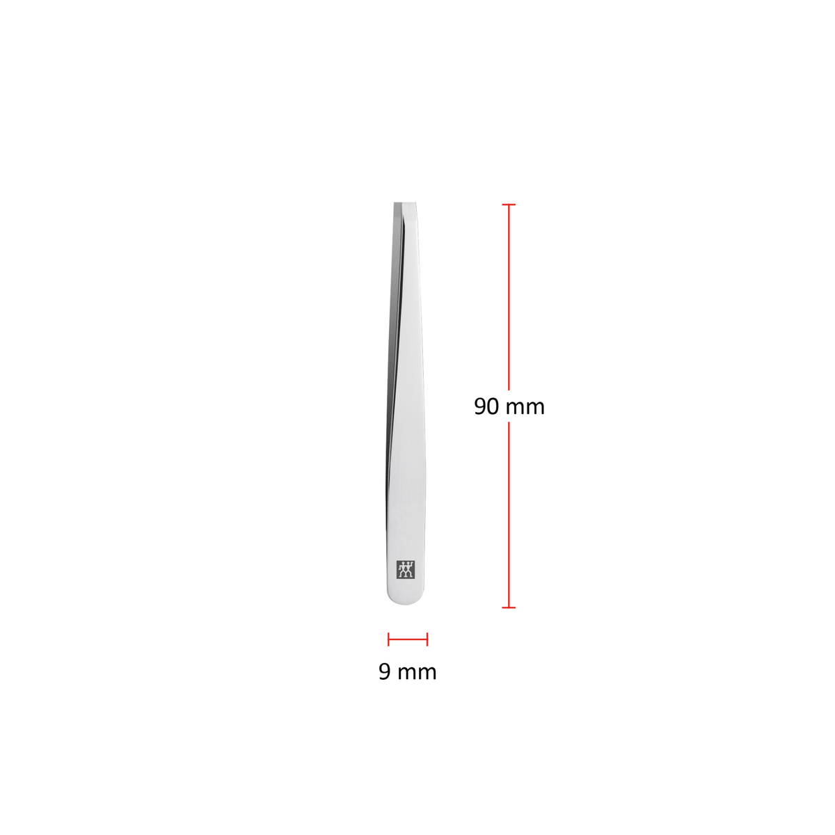 Größenangaben einer ZWILLING Classic geraden Pinzette. Gesamtlänge beträgt 90mm.