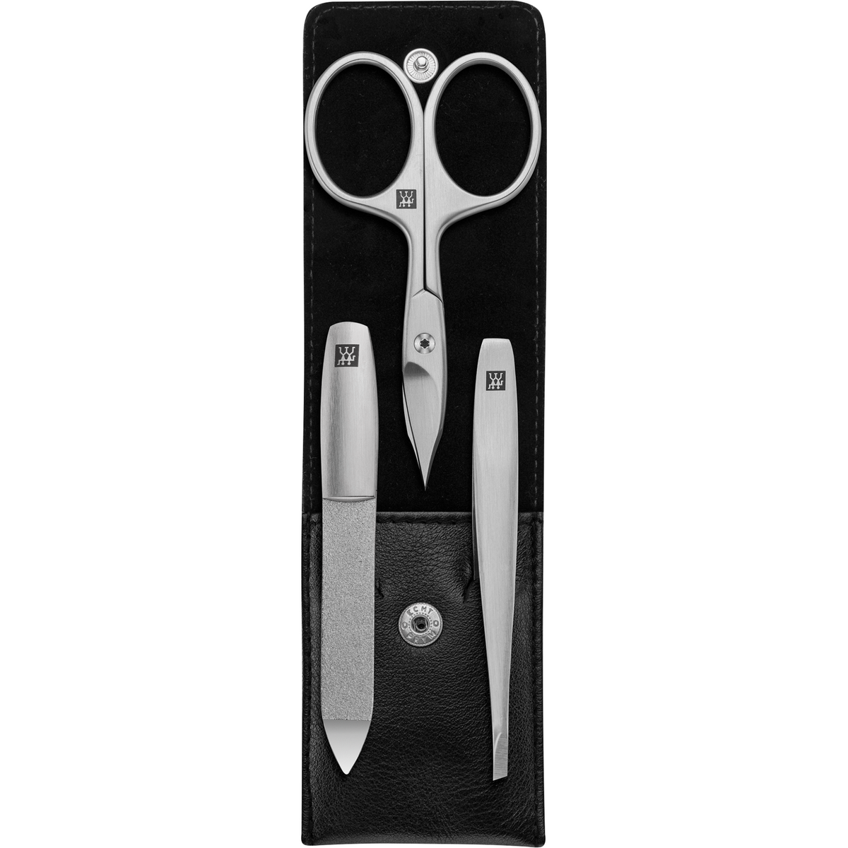 Geöffnetes ZWILLING Premium Set 3tlg. in schwarz mit Druckknopfverschluss und essentiellen Pflegeinstrumenten aus rostfreiem Edelstahl.