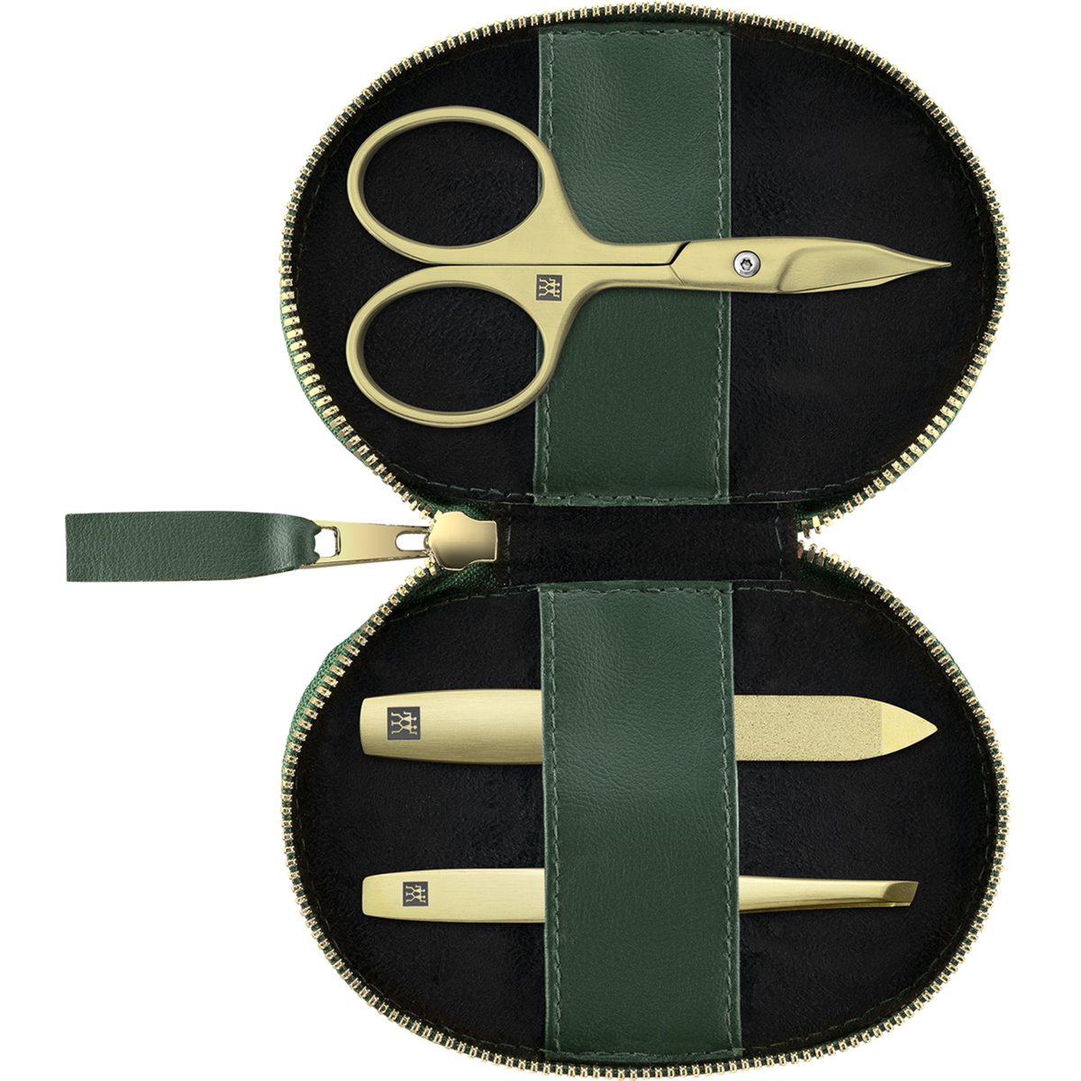 Geöffnetes ZWILLING Premium Apfelleder Set 3tlg. in Grün mit Reißverschluss und essentiellen Pflegeinstrumenten (Nagel- und Hautschere, Saphir-Nagelfeile und schräge Pinzette) in matt-gold.