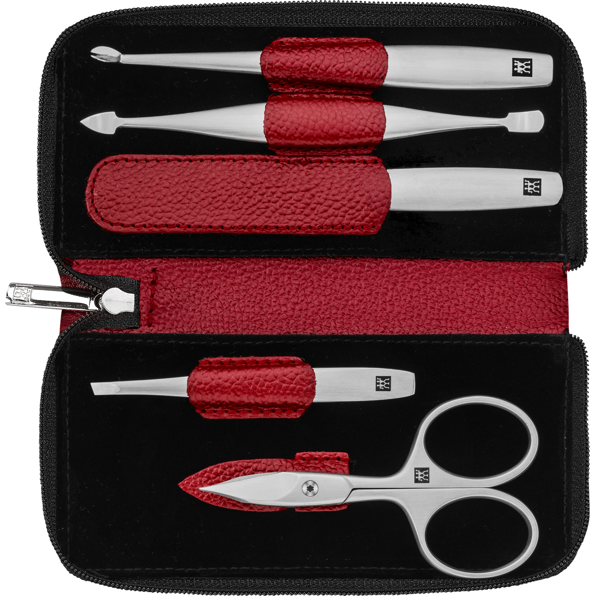 Geöffnetes ZWILLING Premium Maniküre Set 5tlg. in rot mit Reißverschluss und den meistgenutzten Pflegeinstrumenten aus rostfreiem Edelstahl.