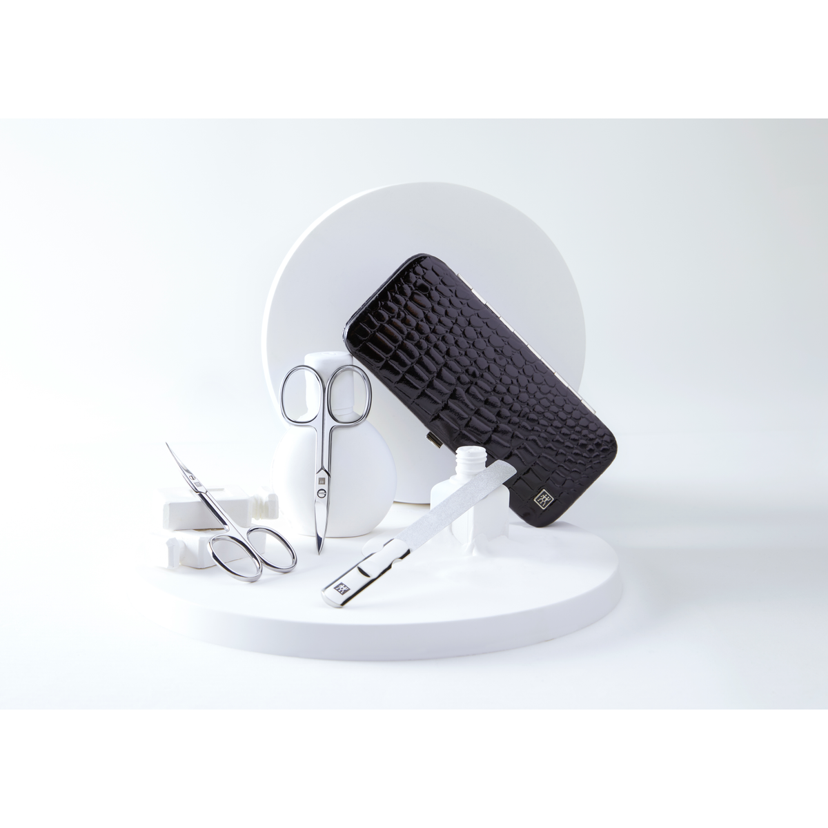 Maniküre Pediküre Set 5tlg. mit Nagelschere, Leder in Kroko-Optik, schwarz