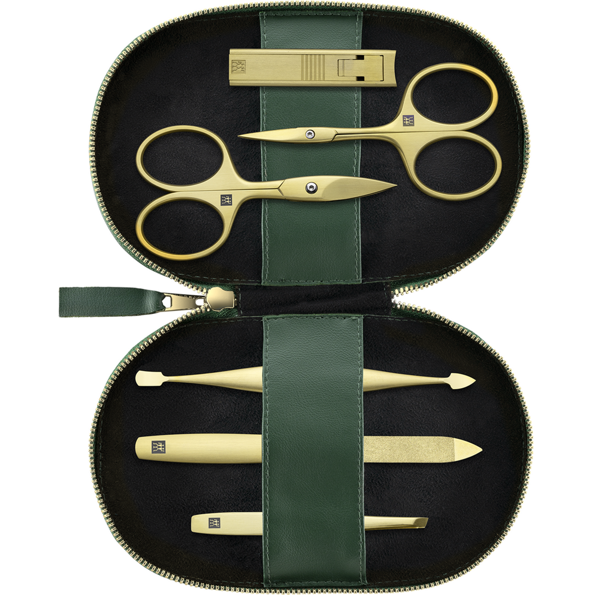 Geöffnetes ZWILLING Premium Apfelleder Set 6tlg. in Grün mit Reißverschluss und Maniküre- und Pediküreinstrumenten (Kompakt-Nagelknipser, Nagelschere, Nagelhautschere, Saphir-Nagelfeile, Nagelhautschieber und -reiniger und schräge Pinzette) in matt-gold.