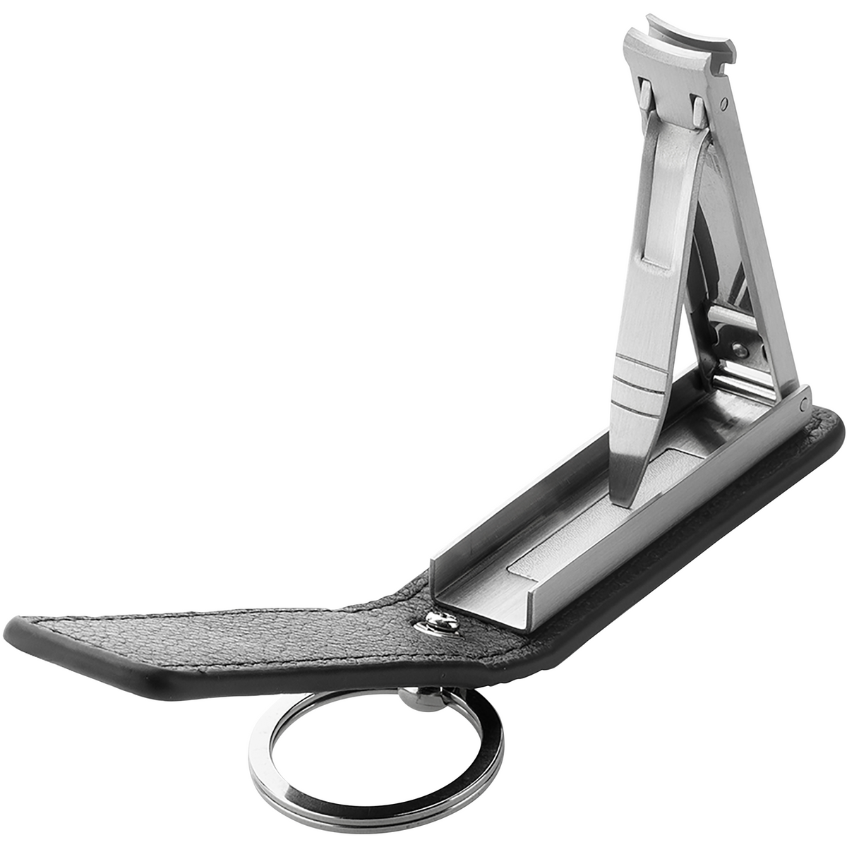 Geöffneter ZWILLING Premium Nagelknipser mit Schlüsselanhänger aus rostfreiem Edelstahl mit gebogener Schneide.